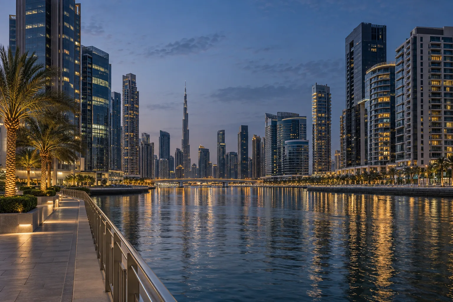 Business Bay towers reflected in the Dubai Water Canal at dusk