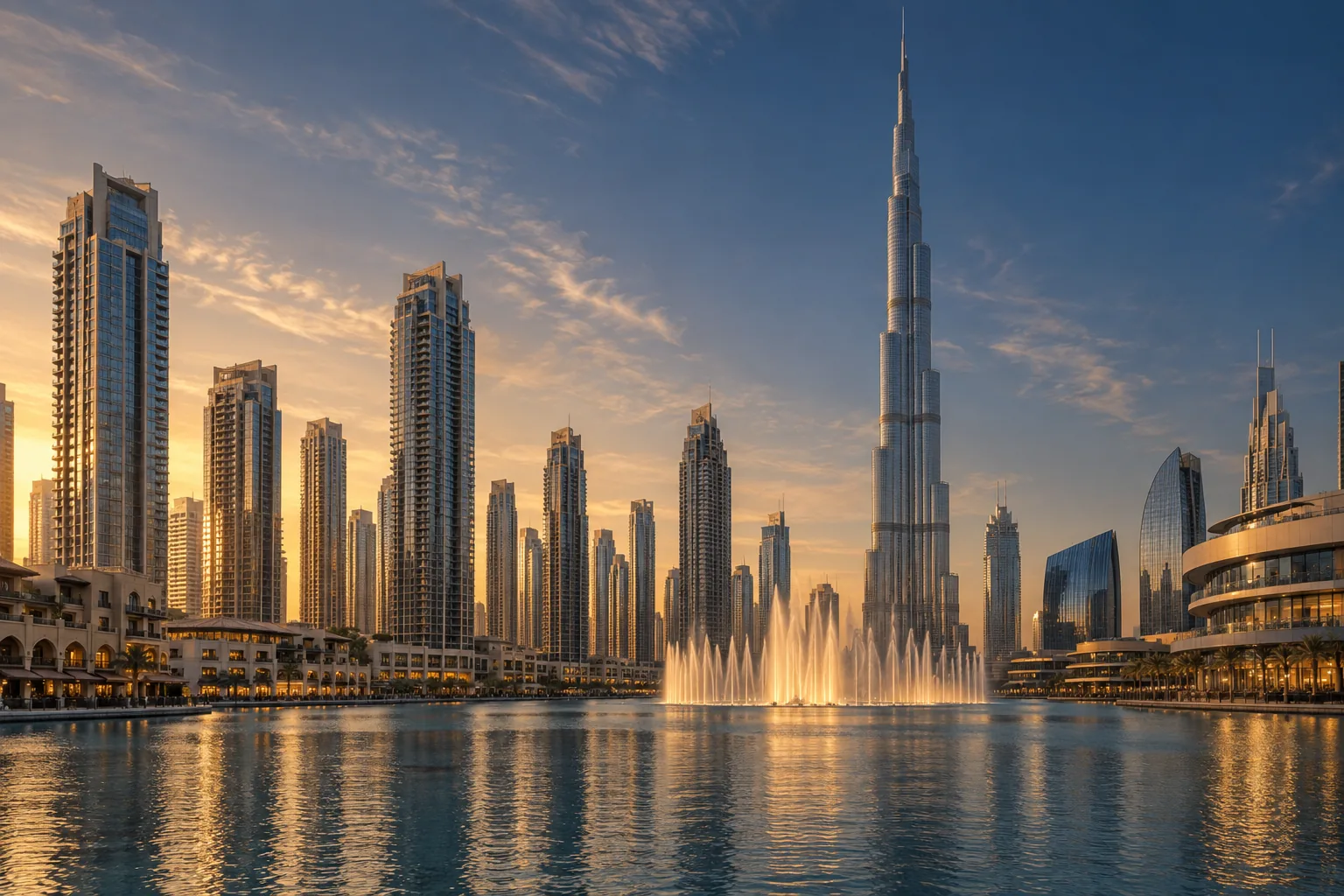 Downtown Dubai at golden hour, the Burj Khalifa and Dubai Fountain seen across Burj Lake