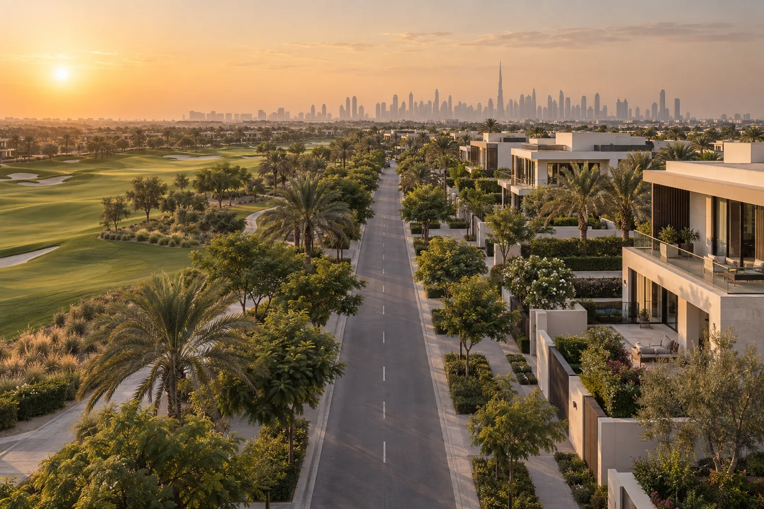 A tree-lined boulevard in Dubai Hills Estate, villas beside the golf course at golden hour