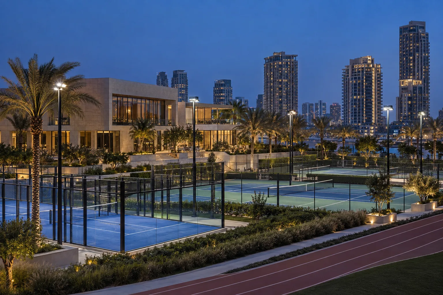 A floodlit sports and leisure precinct in Dubai at blue hour, residential towers behind