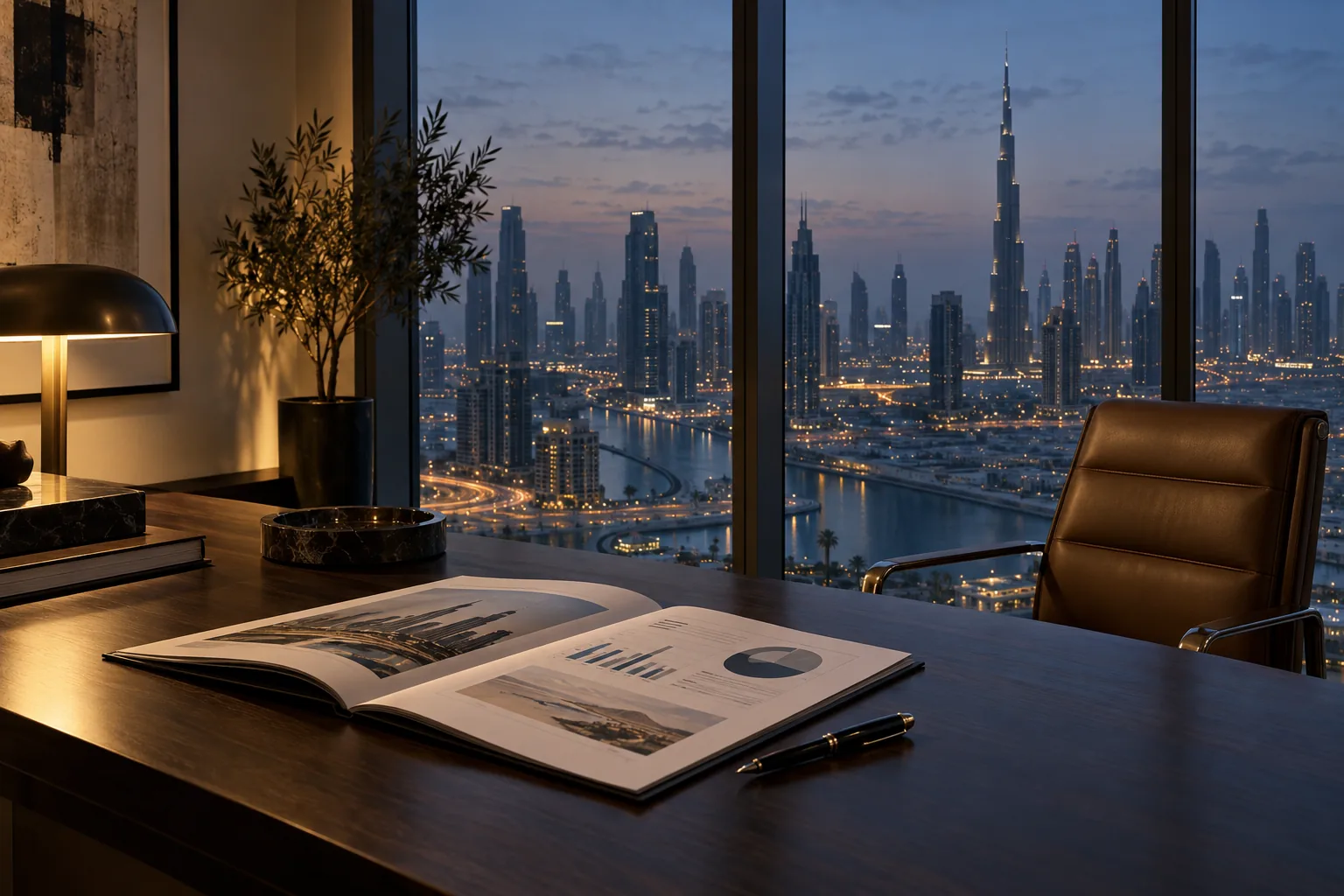A Dubai property advisory office at dusk, market reports on the table, the city beyond the glass